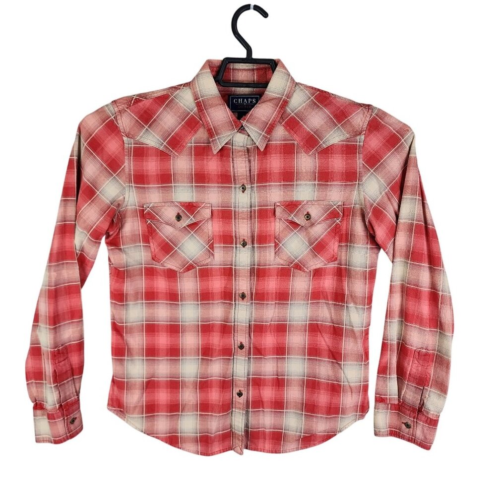 Womens Chaps Denim Red & Tan Plaid Shirt Button Up Long Sleeve 100% Cotton M